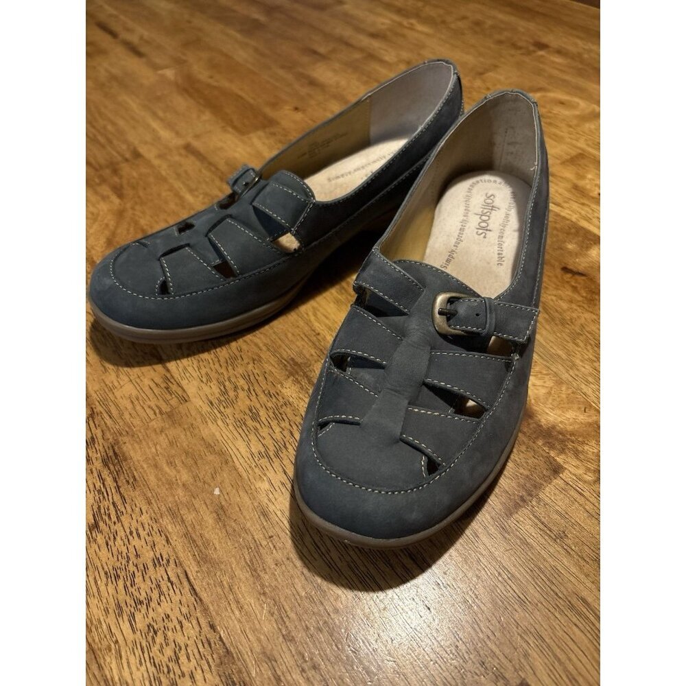 SOFTSPOTS Mary Jane Woven Suede Flats‎ Buckle Blue Cushioned Comfort Size 8.5WW
